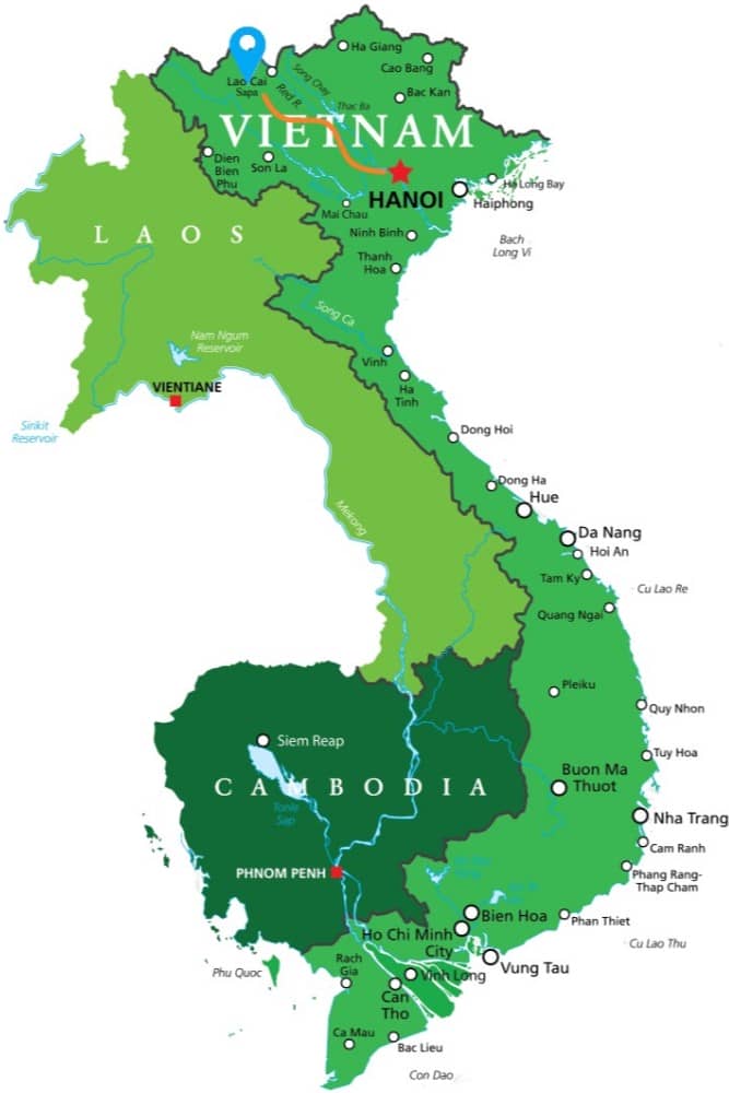Location of Sa Pa and travel route from Hanoi to Sa Pa